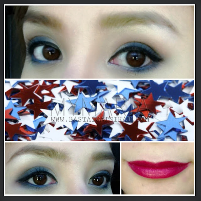 blue eyeshadow, red lipstick, fourth of july makeup