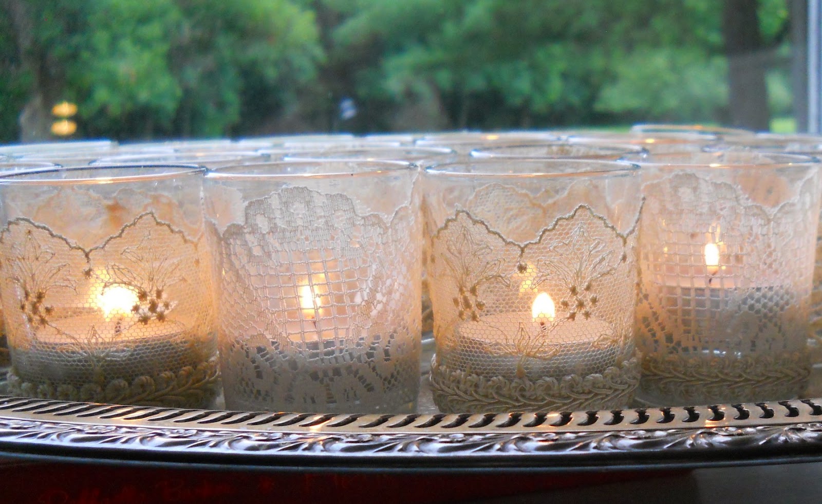 Kathys Cottage Lace Covered Votives for the Wedding