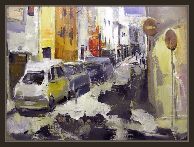 LA SENIA-TARRAGONA-PAISAJE-URBANO-CALLES-COCHES-PINTURA-CUADROS-ERNEST DESCALS-