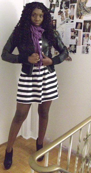 Stripe dress, leather jacket, purple scarf, braids, protective hairstyles, booties, black girls, fashion, rings, stylists
