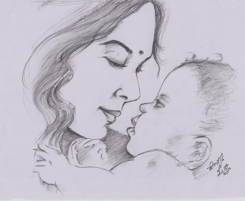 Sketches and Drawings : Mother and Baby - Pencil Sketch