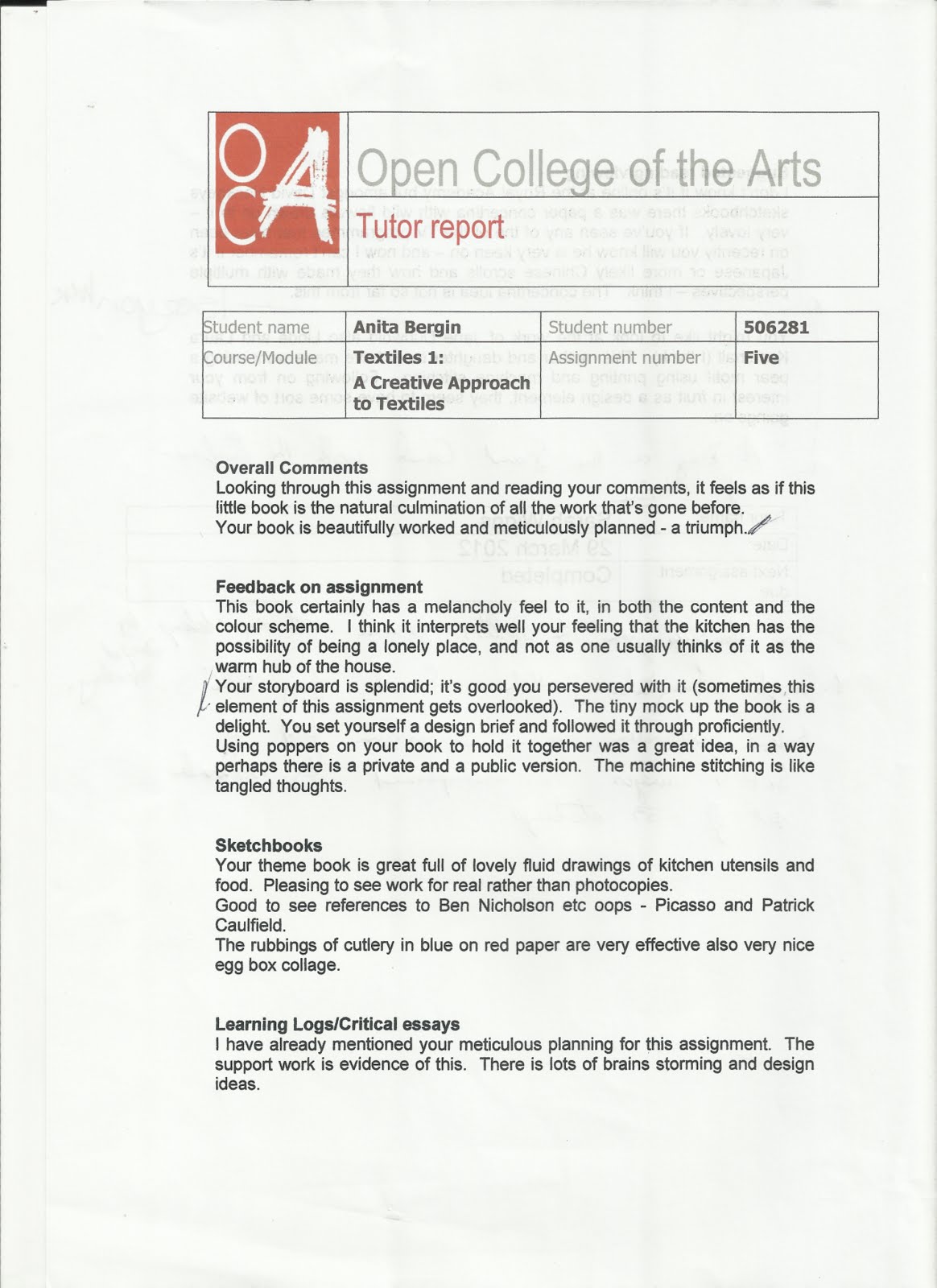 Anita's OCA Learning Log