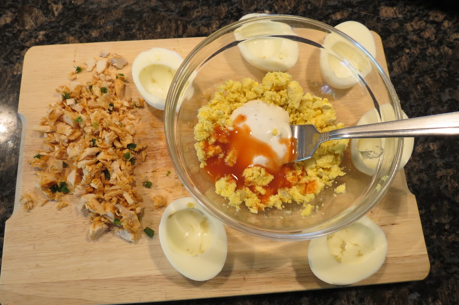Dinner with the Welches Buffalo Chicken Deviled Eggs