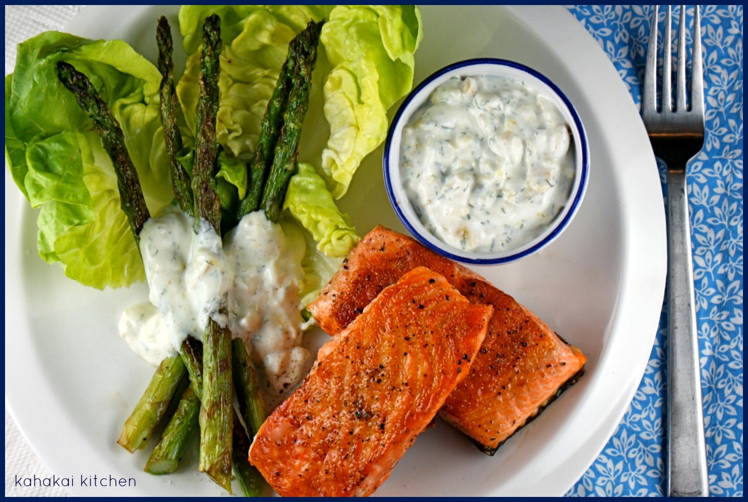 Kahakai Kitchen Grilled Salmon and Asparagus with Preserved Lemon Yogurt Sauce