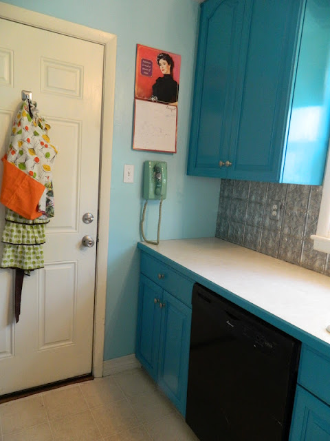 peacock blue cupboards retro kitchen aprons 1950s Just Peachy, Darling