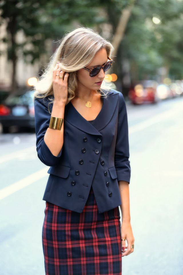 zara plaid pencil skirt tartan elizabeth and james double breasted navy blazer ruched sleeves karen walker super duper tortoise sunglasses asos suede ankle strap pointed heels j. crew cuff gorjana stacked rings street style fall fashion trends 2013 new york city nyc the classy cubicle fashion blog for young professional women females woman girls 20s 30s 40s appropriate work wear office attire outfits professional corporate suit dos and donts crimes top ten day to night transition interview preppy office style dress for success step up lean in suit up