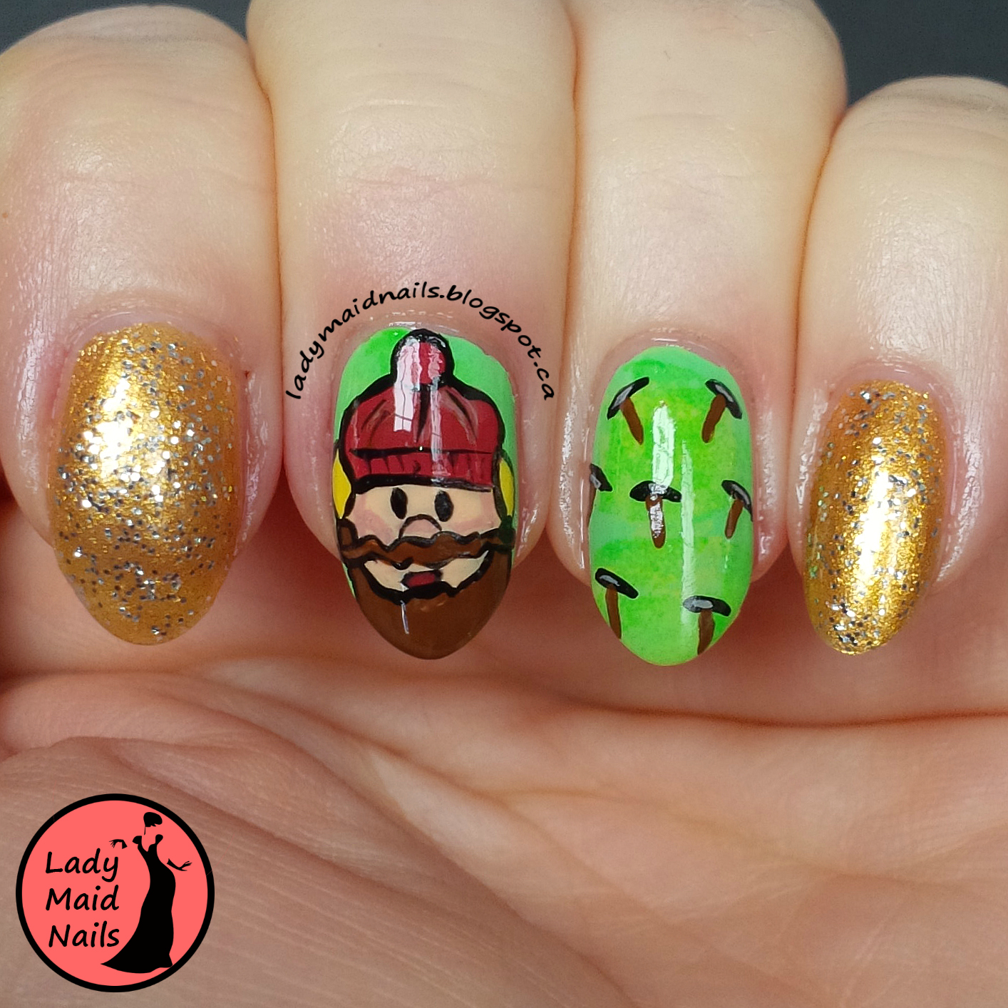 Lady Maid Nails Holiday Challenge Glitter Prompt, Yukon Cornelius Nails