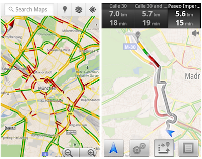 Zwei Handy-Screenshots der Google Maps-App zeigen mit roten und gelben Linien, wie viel auf Straßen los ist.