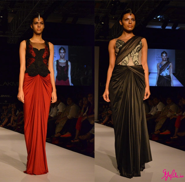 moulding metallics gown beadwork drapes bustier sheer for amit aggarwal at lakme fashion week 2013