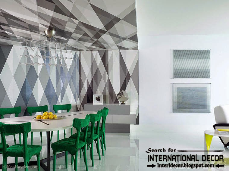 Contemporary dining room sets ideas and furniture 2015, stylish print with bright green chairs