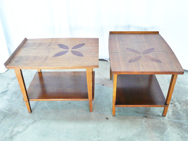 Pair lane inlay petal flower leaf two tier side tables end vintage mid-century