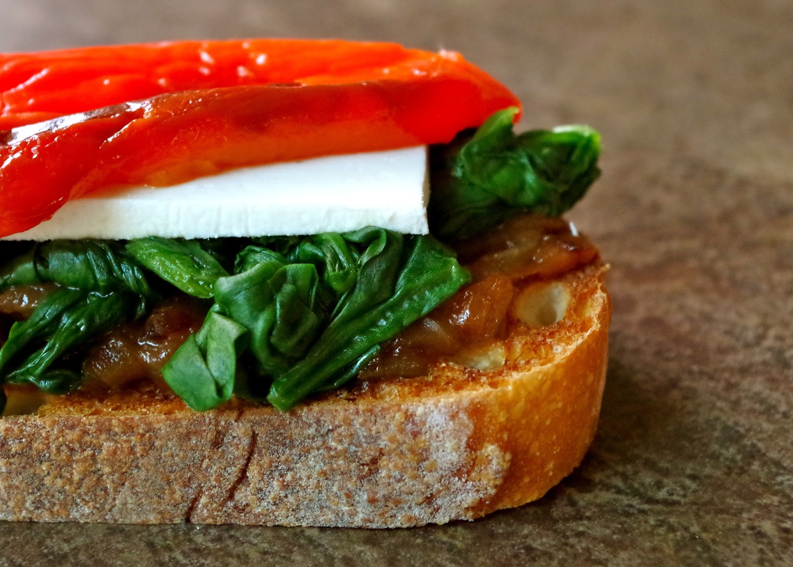 OpenFaced Sandwich of Spinach, Caramelized Onions, and Roasted Peppers