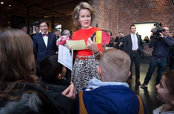 Queen Mathilde of Belgium visits the exhibition 'L'Homme, le Dragon et la Mort, La Gloire de Saint Georges' (The man, the dragoon and the Death, Glory of Saint Georges) at the contemporary arts museum