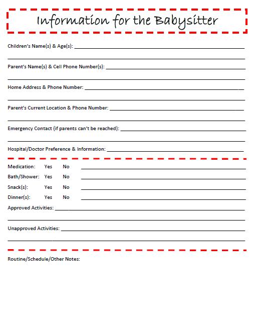 babysitter contact information sheet