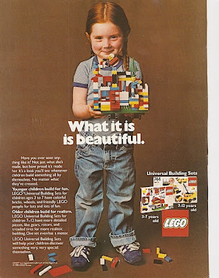 1981 Lego ad showing a young girl, red pigtails, in jeans and gray t-shirt holding primary-colored Legos