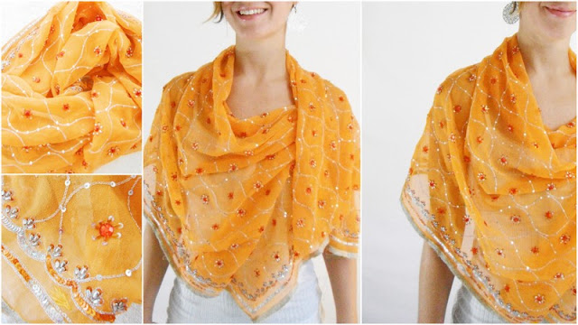 Silk scarf, indian sari, orange beaded shawl, awesome as a sarong or beach wrap