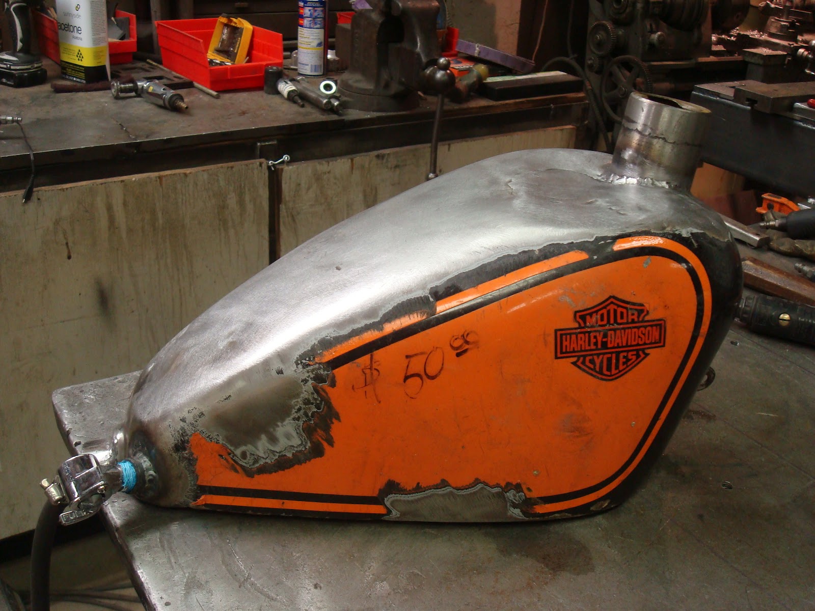 Sportster tanks on fatbob mounts! King Kustoms way....
