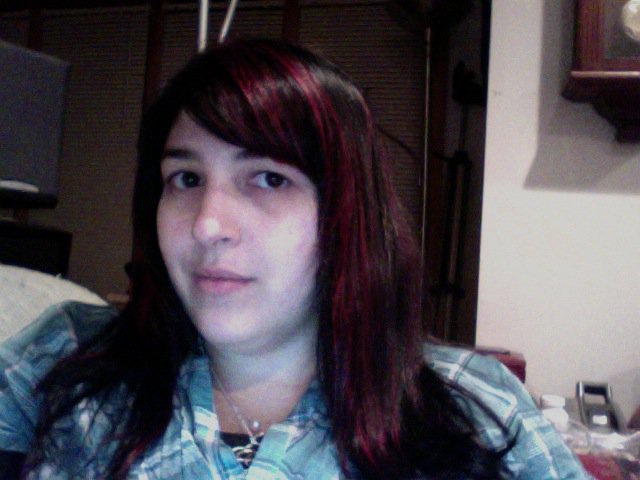 Holly#39;s bright red violet red hair with foils. Holly#39;s bright red violet