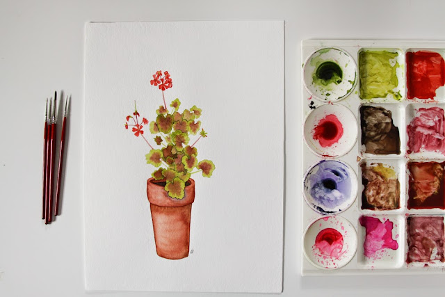 watercolor, paint palette, on my painting table, geraniums, Anne Butera, My Giant Strawberry