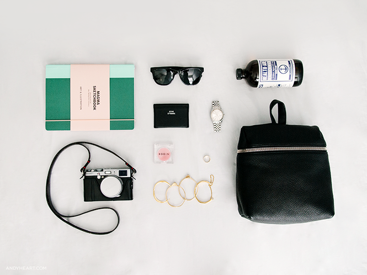 Andy Heart In My Bag, Magma sketchbook, Fuji x100s camera, Anine Bing sunglasses, Rodin lip balm, Mirlo cuffs, Jennie Kwon ring, Acne card holder, Rolex watch, health-ade kombucha, Kara backback Andy Heart In My Bag, Magma sketchbook, Fuji x100s camera, Anine Bing sunglasses, Rodin lip balm, Mirlo cuffs, Jennie Kwon ring, Acne card holder, Rolex watch, health-ade kombucha, Kara backback