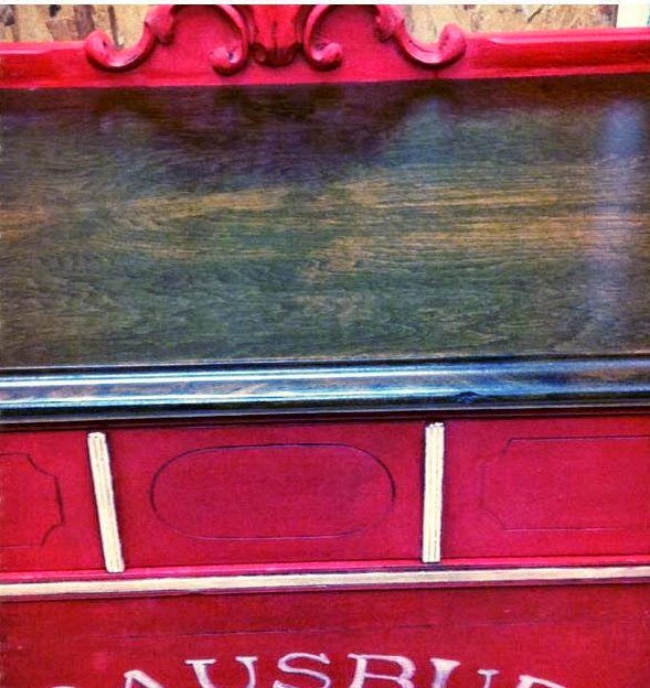 Dark Walnut Stain, American Paint Company Firework Red, Dark Wax and The Graphics Fairy Made This Dresser By The Shabby Nest Gorgeous - Featured on Furniture Flippin' - www.FurnitureFlippin.com