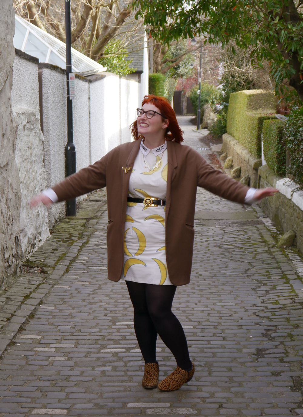 Trying to Keep Warm in a Banana Dress What Helen Wore, Scottish Blogger, Dundee, Dundee Blogger, Red Head, Ginger, Banana Dress, Claptrap Boutique, Duo Boots, Leopard Print Boots, Sludge Coat, Karen Mabon Seagull Necklace, Monki Shirt, Come Close Shirt, Scottish Style, Tiger Belt, Cat Eye Glasses