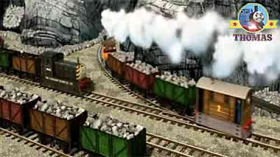 Tram Toby and Bash the tank engine quarry train Mavis the diesel engine at Sodor stone excavation