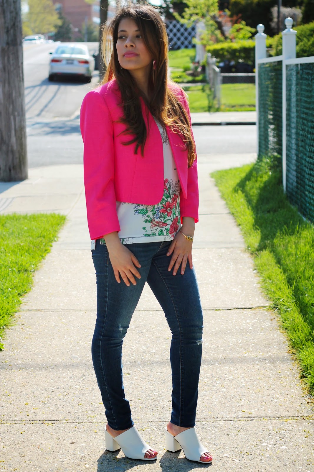 hot pink, blazer, casual, formal, workwear, floral, spring, summer, fashion, forever 21, jcpenney, ann taylor, mules, fun, girl, beautiful, blogger, chic, new, oldnavy, pinterest, spring fashion, weekday, weekend, woman, factory store, skinny jeans, bright, fun, look, outfit, white, brunette, girl, girly, 