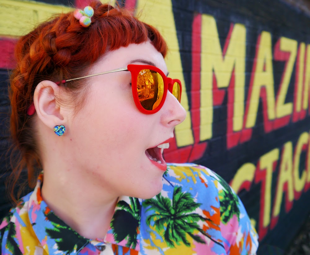 Styling for Sunshine Scottish Blogger, Red Head, Ginger, Styled by Helen, Dundee, Amazing Spectacles, Graffiti, Tropical shirt, Luna on the Moon, Hair Slides, pom pom, Sun Glasses Shop, velvet sunglasses, rayban, Ray-Ban, Cheap Frills heart earrings, bright outfit, summer outfit, summer style, Abandon Ship, Kewpie tote bag, Rock Cakes brooch, Bonnie Bling name ring