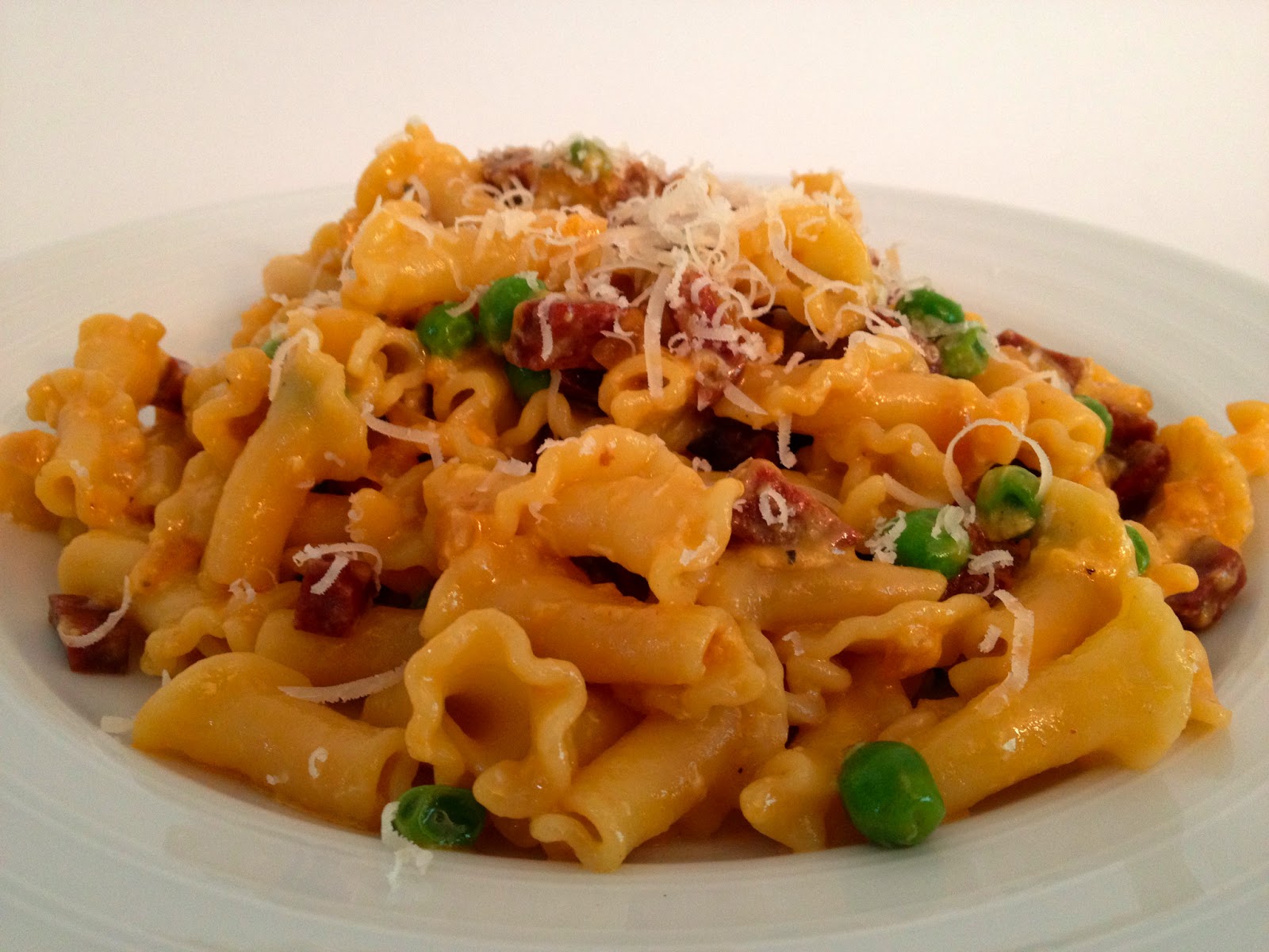 The Boozy Epicure Creamy Campanelle Pasta with Chorizo, Peas and Cheese