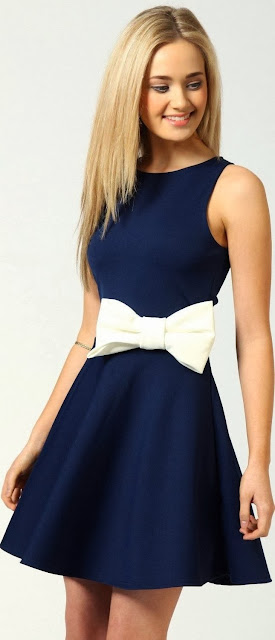 Adorable Navy Blue Dress With Bow Waist