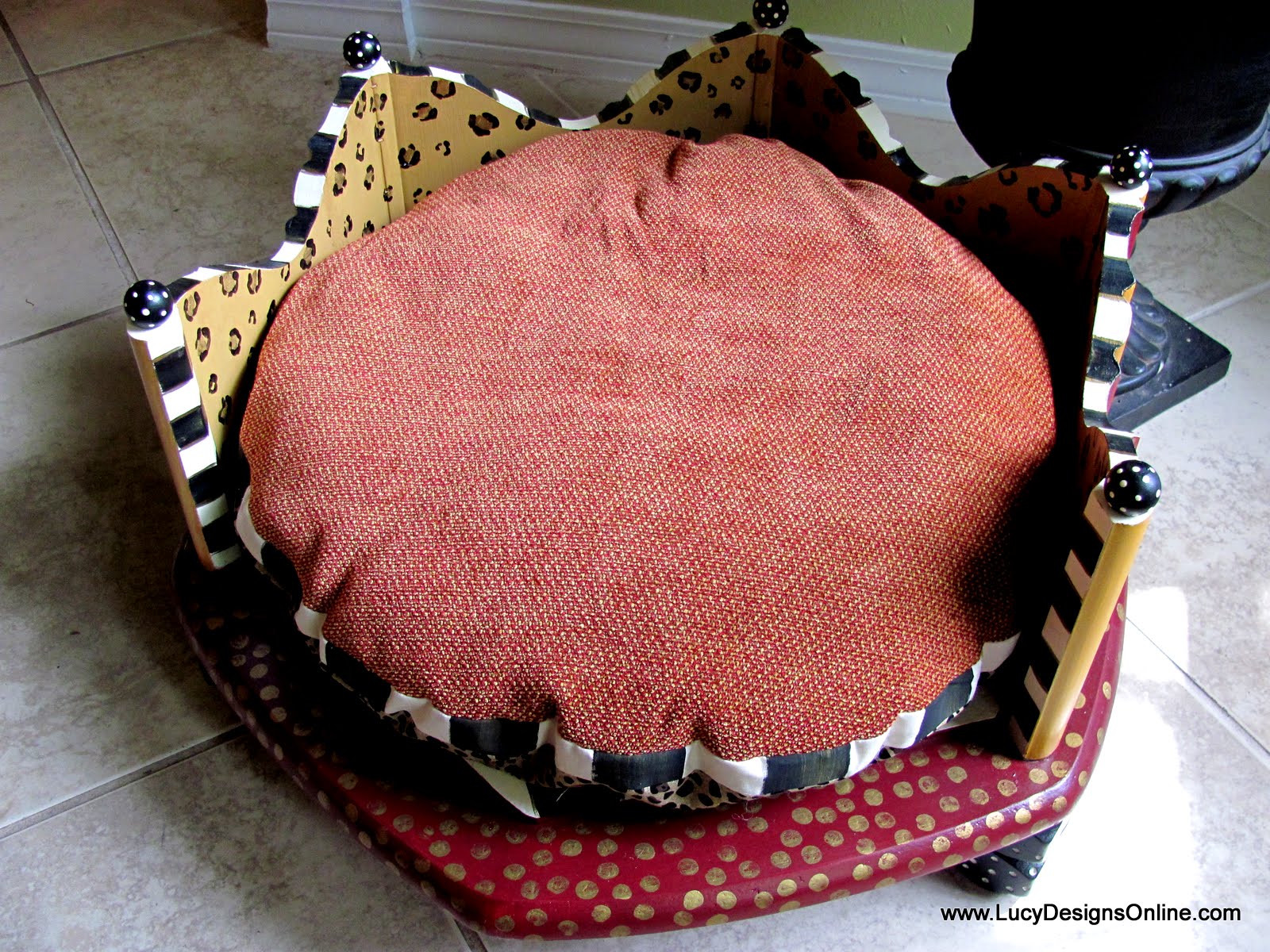 Hand Painted Round Dog Beds Made From an End Table in Zebra and Leopard