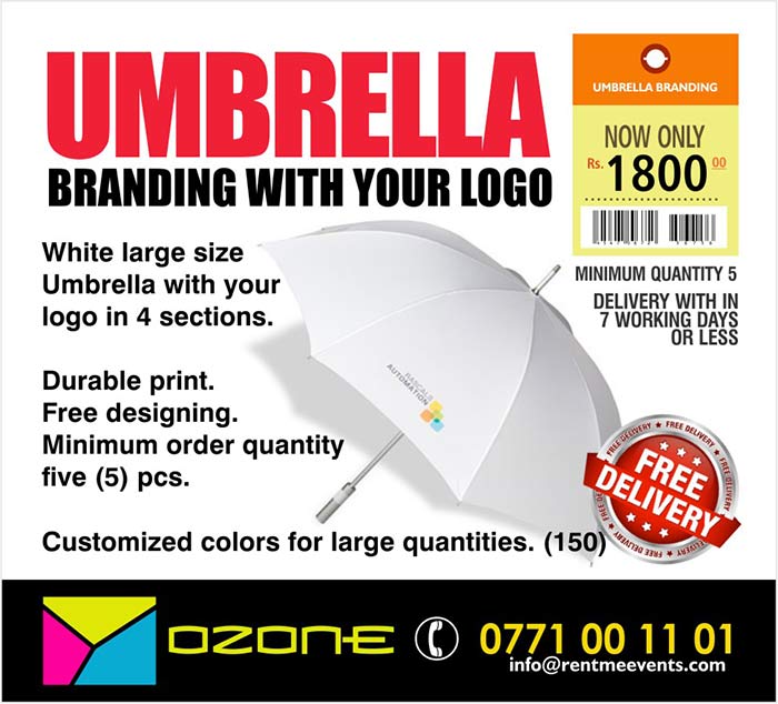 White large size Umbrella with your logo in 4 sections. Best attractive logo size is 5.5inch x 5.5inch as shown in our sample umbrellas and designs. LKR 1800/=. Durable print. Free designing. Minimum order quantity five (5) pcs. Below 5 PCS please add LKR 1000/= for the total. Over 100 PCS we can use any fabric color and the price will be LKR 850/= each. We use only world best umbrella material and our prices are not the lowest price in the market.