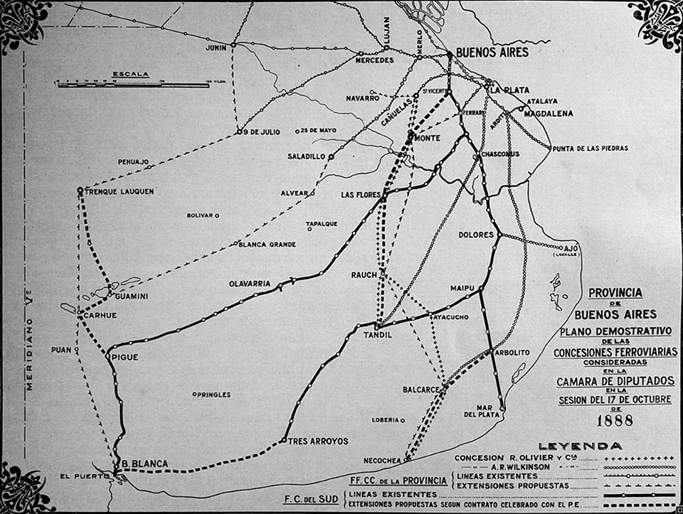 1888- Mapa ferrocarriles al Oeste y al Sur en la Provincia de Buenos Aires.