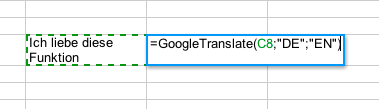 Darstellung von einem Satz in Google Tabelle und dem Befehl es zu uebersetzen.