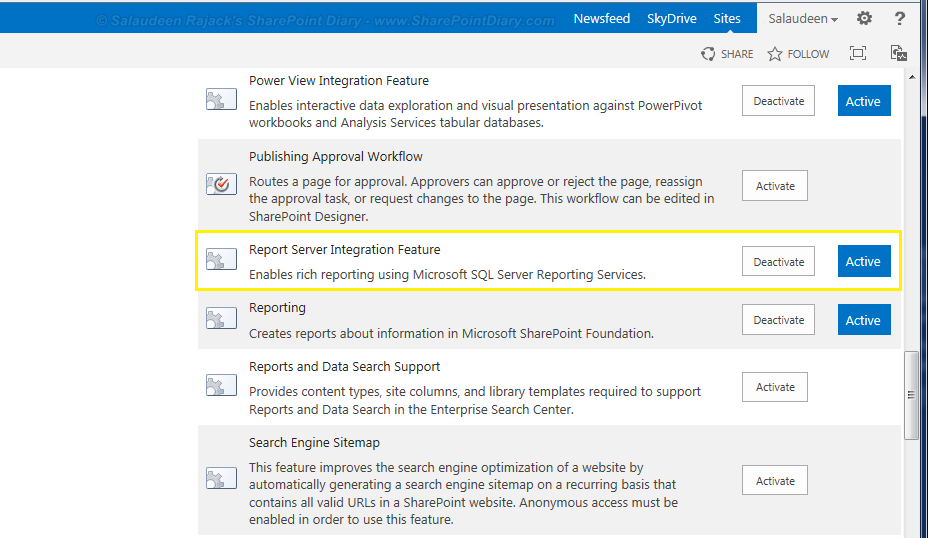 Activate The Sharepoint Reporting Integration Feature