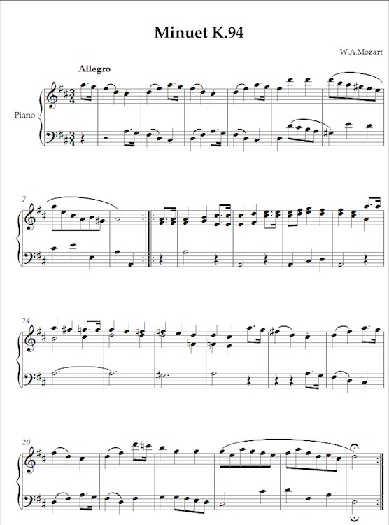 Mozart Minuet K.94 Partituras para Piano