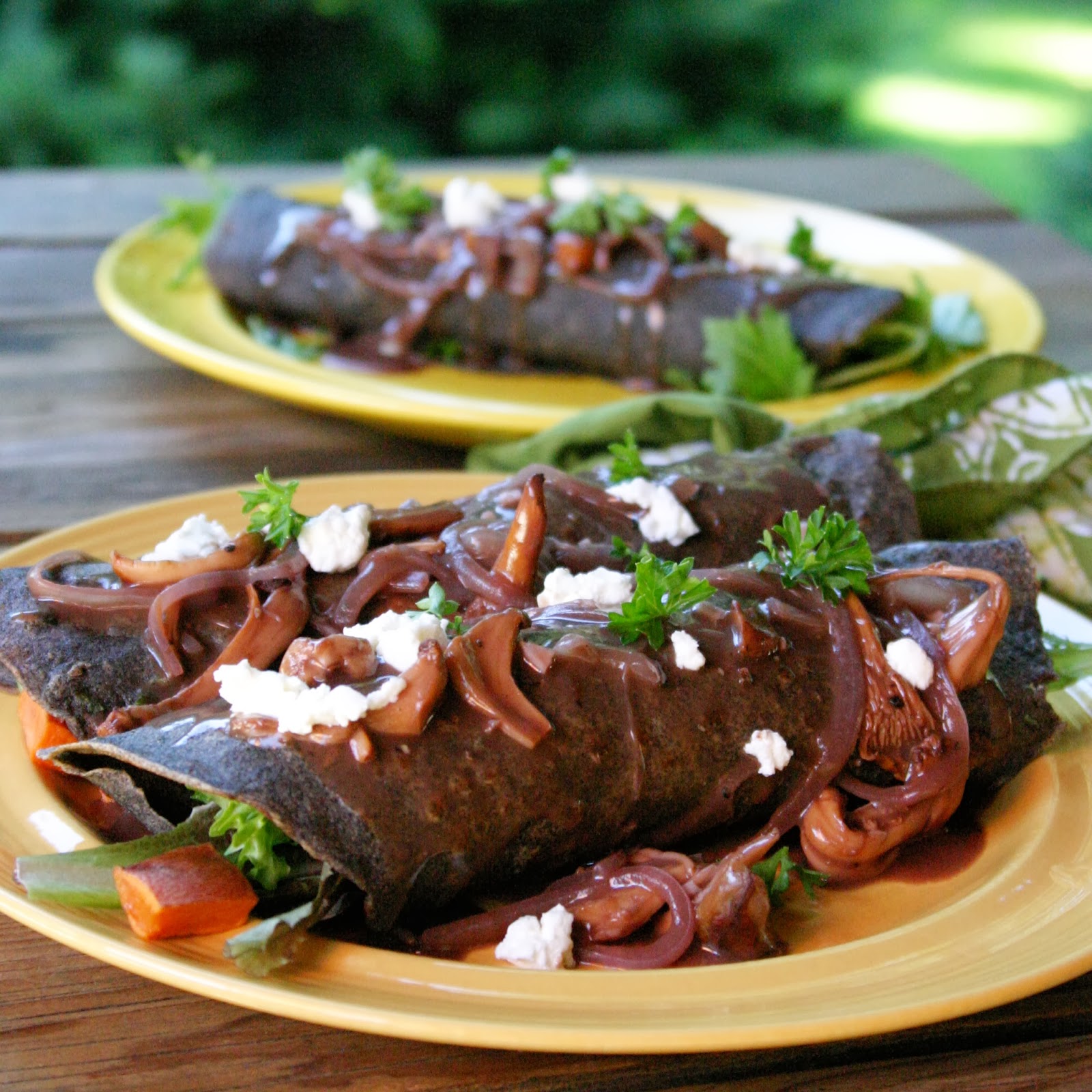 Savory GF Crepes with Roasted Sweet Potatoes and Chanterelle Gravy