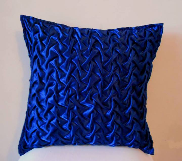 Knot n Stitch Royal Blue Cushion Cover with Canadian Smocking Work