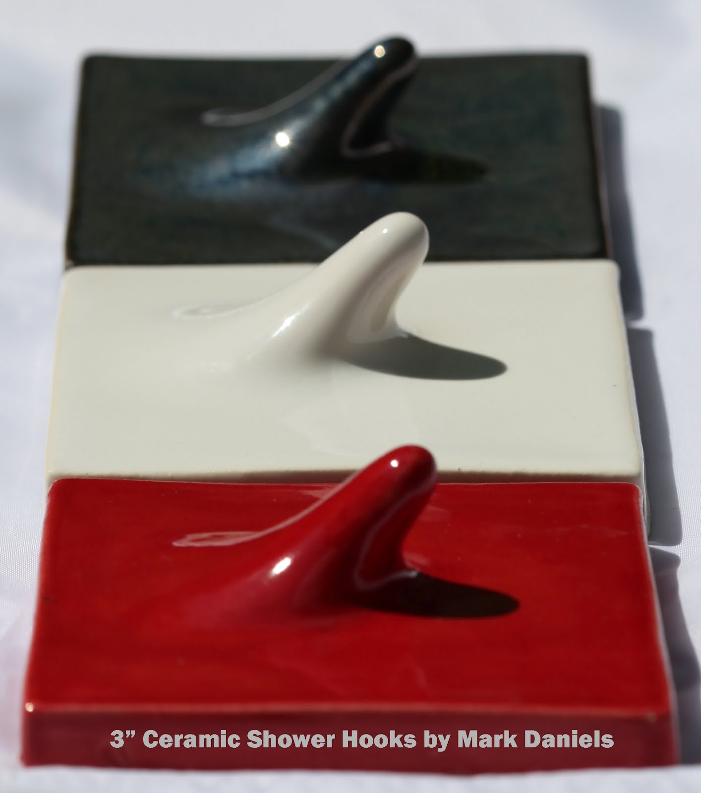 shower bathroom tile Red white and blue ceramic hooks handmade in the USA by Mark Daniels.