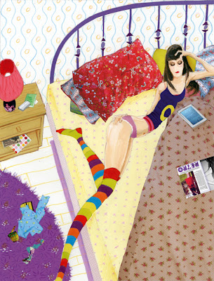 illustration of a girl reading her I pad on a bed by Robert Wagt