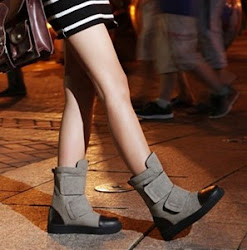 Women Denim Fabric Leather Velcro Flat Boots