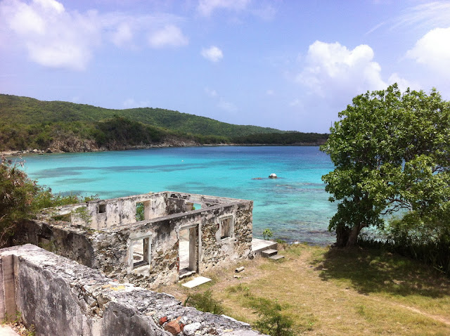 View of ruins and coral blue waters at Lameshur Bay St John US Virgin Islands