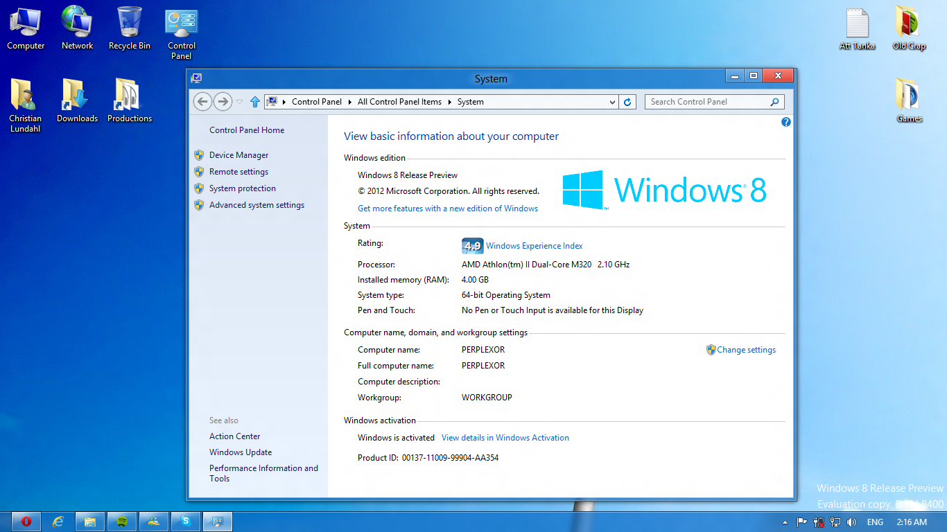 Активация Windows 8 Release Preview Build 8400