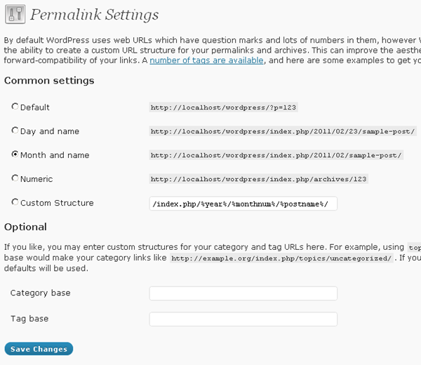 Wordpress permalink setting