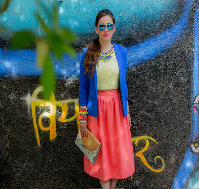 Cobalt Blue Blazer, Yellow Top & Orange Midi Skirt, Vero Moda, Color blocking