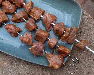 Easy Beef Kabobs, leave space between the pieces for even cooking.