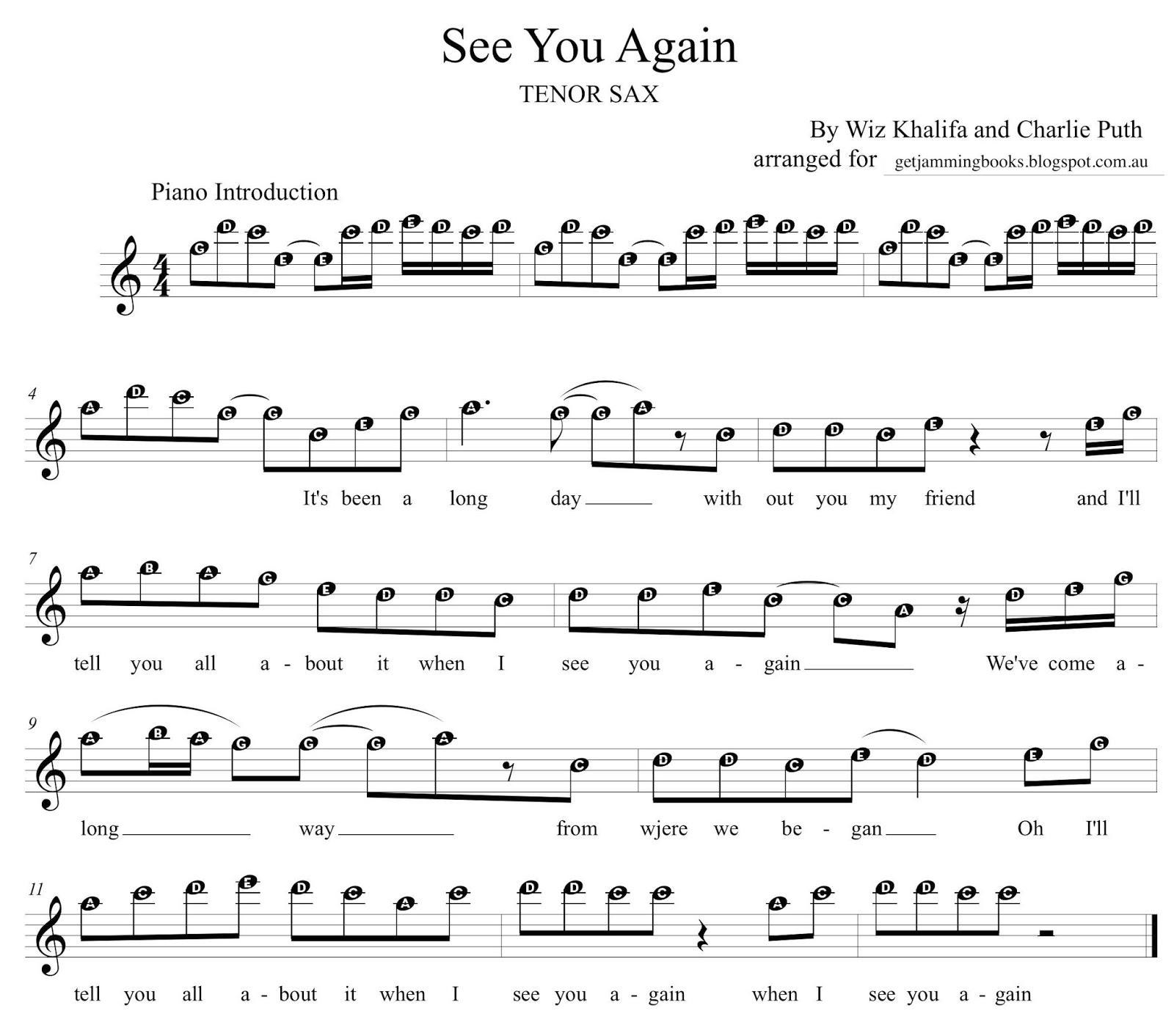 Get Jamming See You Again (from Furious 7) for saxes (main theme only)