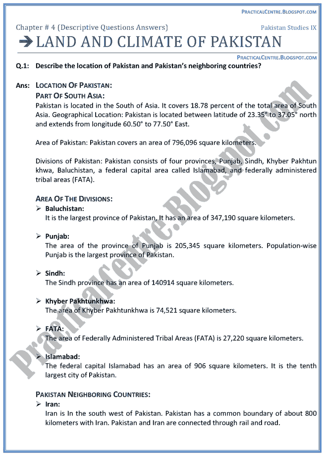 land-and-climate-of-pakistan-descriptive-question-answers-pakistan-studies-9th