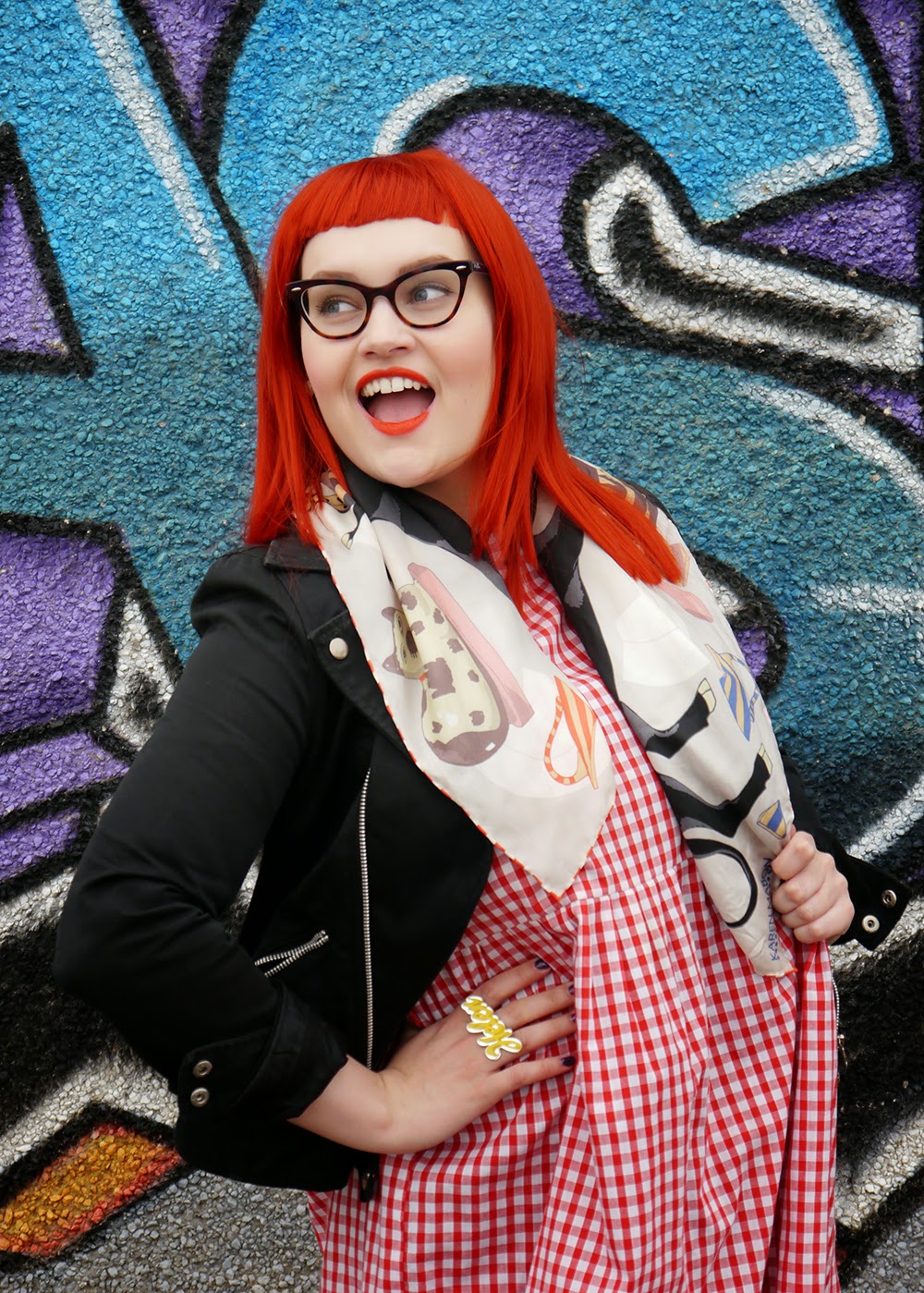 Karen Mabon Scarf Blogging duo, Scottish blogging duo, Scottish bloggers, twin styling, red wig, ginger wig, cat eye glasses, Vintage Style Me gingham dress, Karen Mabon bull in a china shop scarf, H&M biker style jacket, Bonnie Bling name ring, Helen's style, Blog birthday, style challenge, Sugar & Vice cherry bakewell necklace